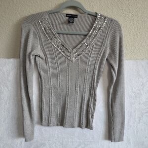 y2k New York & Company grey sequin and embellished rib knit sweatershirt